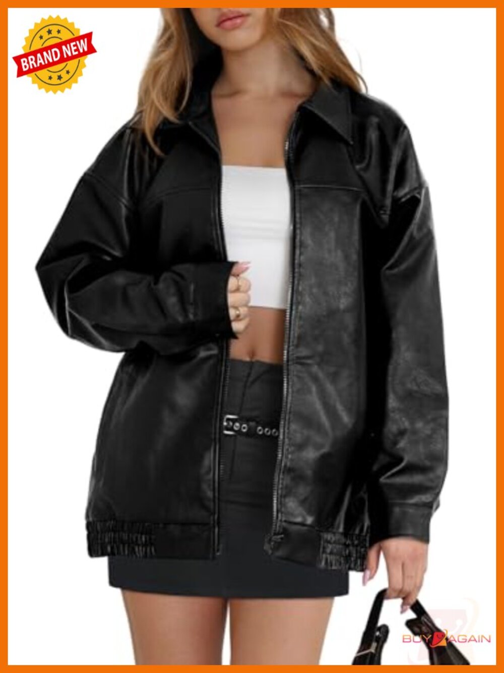 Faux Leather Oversized Moto Jacket Zip Up Fall Winter Coat